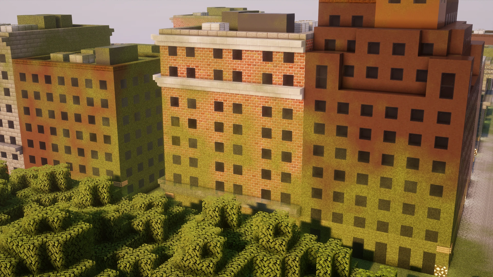 Moss overlay feature from Euphoria Patches making the building from the city look overgrown and old