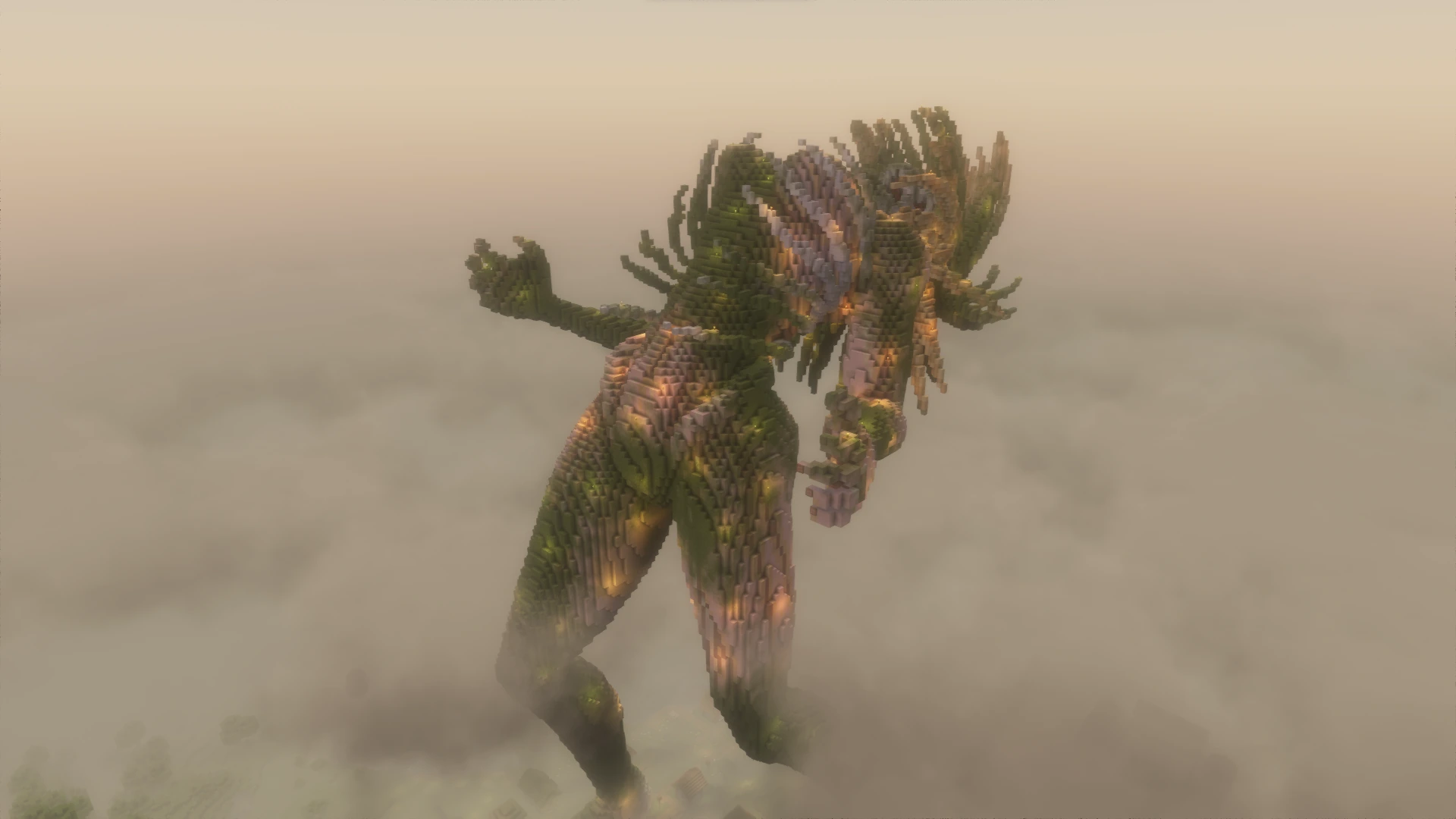 A giant moss statue with the moss effect from Euphoria Patches making it look ancient