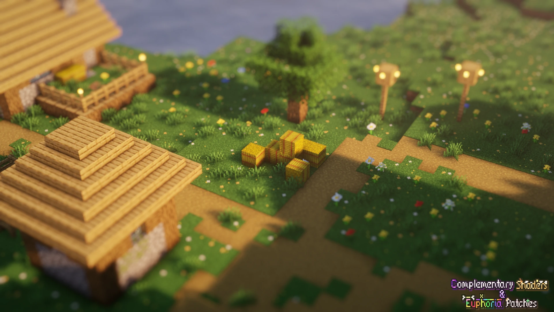 Minecraft village with exclusive Euphoria Patches tilt shift option